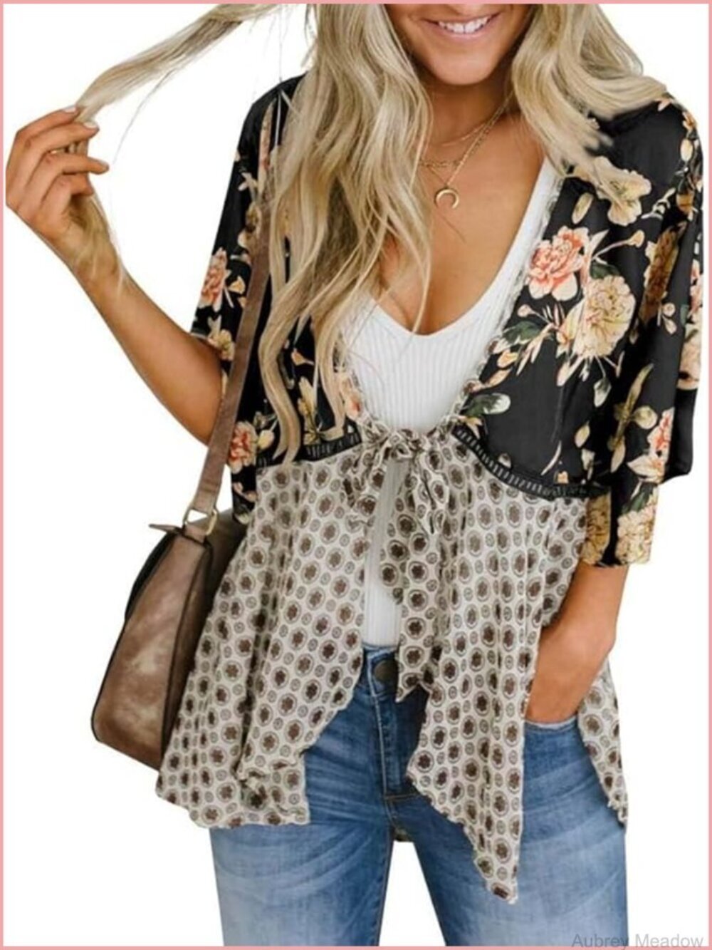 Floral Patchwork Kimono Cardigan - 3/4 Sleeve Tie Front Beach Cover Up
